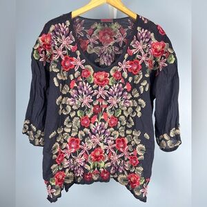 Johnny Was Leopard Rose floral embroidered rayon top